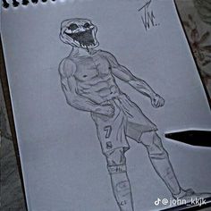 a drawing of a football player with his mouth open and teeth out, on top of a sheet of paper