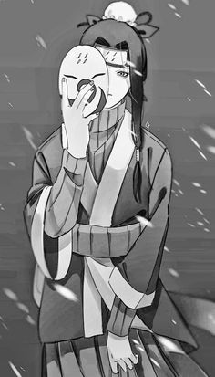 an anime character is standing in the snow with her hand on her face and looking at something