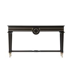 a black and gold console table with an oval design on the top, sitting against a white background