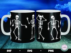 two skeleton mugs sitting next to each other in front of a blue sky with stars