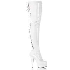 Pleaser Delight-3063 White Patent 6" (152mm) Heel, 1 3/4" (45mm) Platform D-Ring Lace-Up Back Stretch Thigh High Boot, Full-Length Inner Side Zip Closure, Del3063/W/M Brand New In Box Free Shipping Multiple Sizes Available Perfect For Dancewear, Sexy Heels, A Festival Set If You Can Handle The Height, Y2k Outfit, Dolls Kill Shoes, Cosplay Costumes And More #Nwt #Womens #Footwear #Rave #Glam Platform Boots Thigh High, White Thigh High Boots, Boots Thigh High, Crotch Boots, Alternative Shoes, Festival Shoes, 6 Inch Heels, Stiletto Heels Boots, Punk Boots