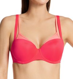 Cute underwire balcony bra has lightly padded cups and plunging neckline to flatter the bust. Triangles at top of cups and back are sheer mesh in a lighter tonal shade. Dual straps adjust in the back for a great fit! Made of polyester, elastane, and polyamide. Seamless, contour, underwire cups have light padding to shape and support the breasts. Plunge neckline reveals your cleavage. Arched center panel. Microfiber sides and back have elastic sewn along the edges. Covered elastic underband provi Underwire Bra With Removable Pads In Nylon, Underwire Nylon Bra With Removable Pads, Nylon Underwire Bra With Removable Pads, Pink Nylon Bra With Removable Pads, Padded Underwire Nylon Bra, Padded Nylon Underwire Bra, Summer Full Cup Padded Bra, Red Push-up Bra With Adjustable Straps, Red Full Cup Bra With Removable Pads