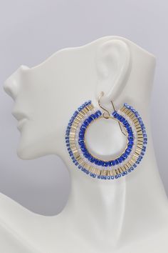 Handmade colorful boho statement earrings in the most gorgeous mix of cobalt blue, gold, and white. These artisan beaded hoop earrings were made with several sizes and shapes of seed beads. Each tiny bead is selected and hand sewn into place, one at a time with a needle and thread. No plastics, no glue, no looms - completely hand stitched with strong nylon thread.✔️Ear wires are gold filled✔️handmade in the USA✔️ships boxed and ready to gift in 3-5 business days ✔️lightweight & comfortable✔️LENG Beaded Hoop Earrings, Beaded Hoops, Colorful Boho, Blue And Gold, Needle And Thread, Hand Stitched, Ear Wires, Hand Sewn, Cobalt Blue