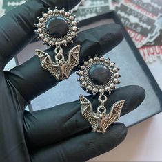 Silver bat dangle plugs gauges for stretched lobes Gauges With Earrings, 00g Stretched Ears, Nugoth Outfits, Lobe Earrings, Dangle Plugs, Gauge Earrings, Stretched Lobes, Fake Plugs, Ear Weights