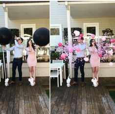 two pictures of a man and woman holding balloons in front of their faces while standing on a porch