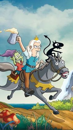 an old man riding on the back of a horse next to a cat and dog