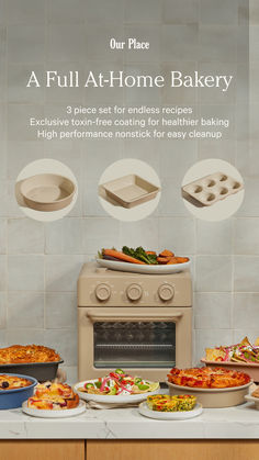 an advertisement for a full at home bakery with pizzas and pies on the counter