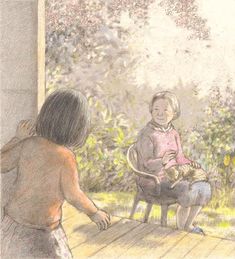 a drawing of two children sitting on a porch looking out the window at each other