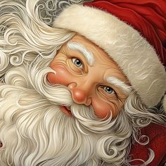 a close up of a santa clause with long white hair and beard wearing a red hat