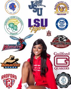 a woman sitting on the ground in front of many sports logos