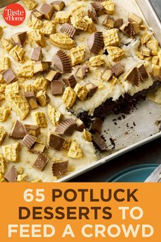 the cover of 65 potluck desserts to feed a crowd, with chocolate and marshmallow on top