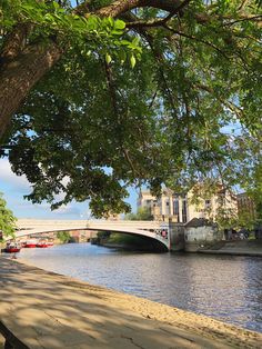 a bridge over a river with boats on the water and trees in front of it