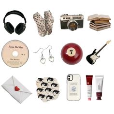 an assortment of items are displayed on a white background, including headphones, books, and earbuds