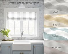 the kitchen is decorated in shades of blue, beige and white with an interesting pattern