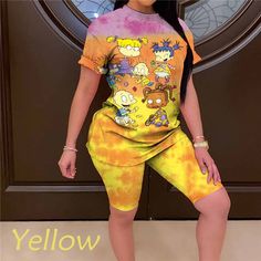 Women's Fashion Rugrats Tie Dye Short Sleeve Casual Printed Multicolor Top&shorts Two-piece Set Casual Suits Trendy Summer Loungewear Short Set, Summer Two-piece Set With Mini Length, Multicolor Short Sleeve Short Set For Spring, Casual Two-piece Shorts For Summer, Yellow Short Tops For Summer, Yellow Short Sleeve Summer Sets, Yellow Short Sleeve Summer Top, Yellow Summer Sets With Short Sleeve, Mini Length Vacation Sets For Summer