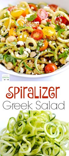 spiralizer greek salad with spinach, tomatoes and feta cheese in a white bowl