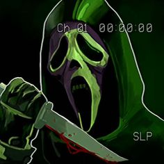 an animated image of a person with a knife in their hand and the words, ghostface slp above it