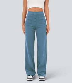 Women’s High Waisted Button Multiple Pockets Straight Leg Casual Pants - Halara High Rise Pants With Button Closure For Summer, Casual Fitted Pants With Buttons, Fitted Casual Pants With Buttons, Casual Fitted Wide Leg Pants With Button Closure, Fitted Wide Leg Pants With Button Closure, Casual Blue Pants With Buttons, Summer Straight Leg Bottoms With Buttoned Pockets, Straight Leg Bottoms With Buttoned Pockets For Summer, Trendy High-waist Cargo Pants With Button Closure