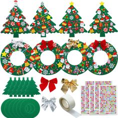 christmas tree decorations are shown with ribbons, bows and other holiday decorating items to make it look like they're ready for the holidays