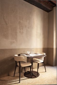 two white chairs sitting at a table in front of a wall