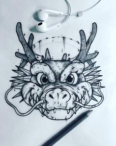 a drawing of a deer head with antlers on it's face and earphones