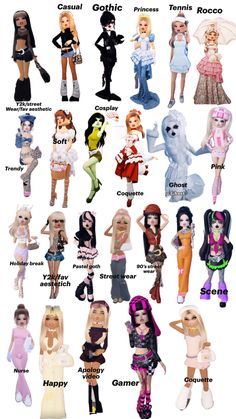 many barbie dolls are shown together in this image with captioning below to describe the names