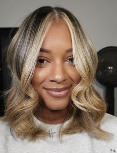 Blonde Lob Black Women, Highlighted Hair Black Women, Highlights Bob Haircut Black Women, Blonde And Brown Hair Color Medium Length, Balayage Silk Press, Blonde Highlights Brown Hair Black Women, Silk Press Blonde Highlights, Blonde Highlights Black Women Natural, Dusty Blonde Hair On Black Women