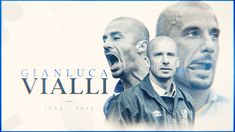 two men are screaming while standing in front of an advertisement for gianluca vialli