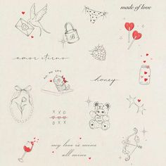 an image of many different tattoos on a sheet with hearts and other things in it