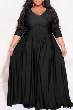 Fisdy - Plus Size Blue Casual Solid Patchwork Fold V Neck A-Line Dresses Princess Evening Dress, A Line Maxi Dress, Outerwear Outfit, Stylish Plus, Plus Size Wedding, Curve Dresses, Long Sleeve Maxi, Black Casual, Long Maxi Dress