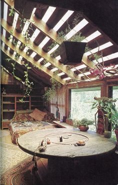 a living room filled with lots of furniture and plants hanging from the ceiling above it