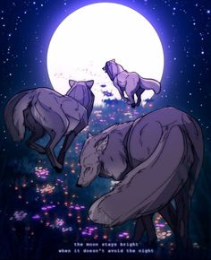 two animals are standing in the grass at night under a full moon with stars and clouds