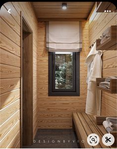 a sauna with wooden walls and windows