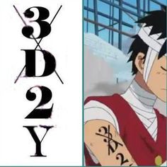 an anime character with tattoos on his arms and shoulder, next to the words b2d2y