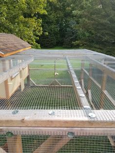 a large chicken coop with several chickens in it