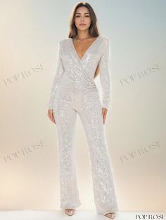 Poprose - Glamorous Sequin Jumpsuit with Long Sleeves and V-Neck Glamorous White Long Sleeve Jumpsuits And Rompers, Sequin V-neck Jumpsuits And Rompers For Party Season, V-neck Jumpsuits And Rompers For Party Season, Fitted V-neck Sequin Jumpsuit, Elegant V-neck Sequin Jumpsuits And Rompers, Fitted Sequin V-neck Jumpsuits And Rompers, Fitted V-neck Sequin Jumpsuits And Rompers, Jumpsuit With Long Sleeves, Club Jumpsuit