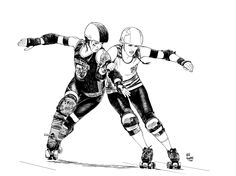 two people on roller skates in black and white ink drawing, one is holding the other's hand