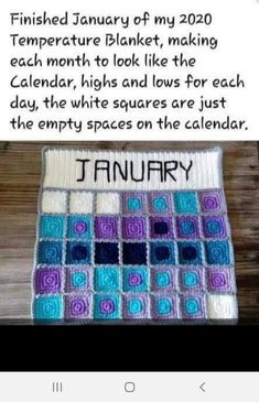 a crocheted calendar with the words january written on it