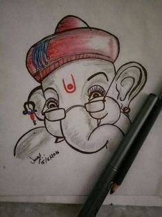 a drawing of an elephant with a hat on it's head and eyes drawn in pencil