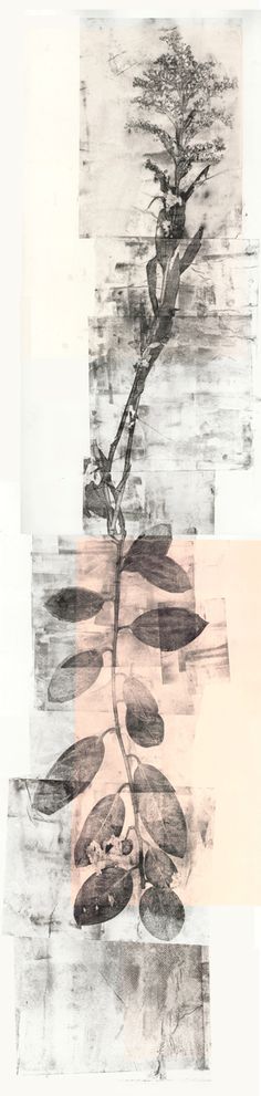 an abstract painting with leaves and branches on it's side, in black and white