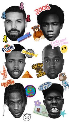 the faces of three black men with different stickers on their hair and beards