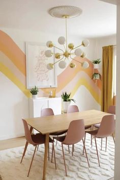 a dining room table with pink chairs in front of a wall painted with colorful stripes