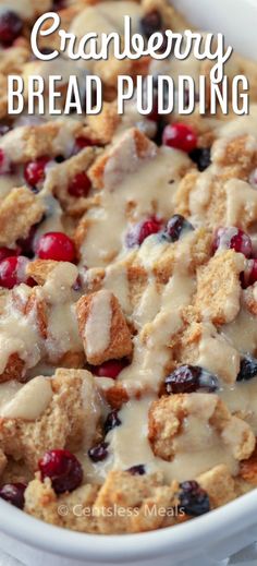 cranberry bread pudding in a white bowl