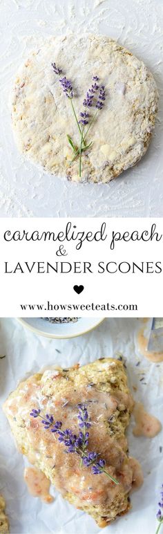 lavender and peach scones on a plate with the words, how to make an easy homemade