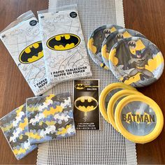 batman party supplies including plates and napkins