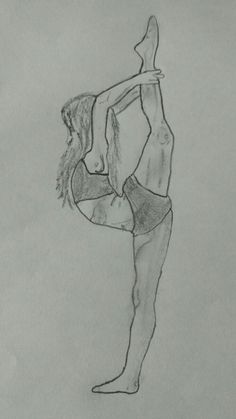 a pencil drawing of a woman doing a handstand on her back with one leg in the air