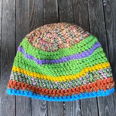 Original One Of A Kind Yarn Combinations For Original Stripe Style. Casual Multicolor Beanie One Size, Fitted Beanie For Spring, Fitted Spring Beanie, Casual Purple Crochet Hat, Multicolor Beanie One Size For Beach, Multicolor Beanie For Beach, One Size, Multicolor Beanie For Beach, One Size Fits Most, Multicolor Crochet Hat For Spring, Spring Multicolor Crochet Hat