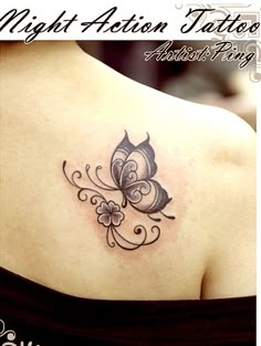 a woman with a butterfly tattoo on her shoulder and chest, showing the back side