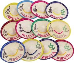 12 frisbees with the words fiesta fiesta written on them and an image of a guitar