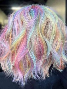 Pastel Holographic Colored Hair Coloured Hair Pastel, White Hair With Rainbow Highlights, Pastel Vivid Hair Color, Color Techniques Hair, Bubble Technique Hair Color, Blonde And Vivid Hair Color, Short Pastel Hair, Dyed Bob, Pastel Hair Dye